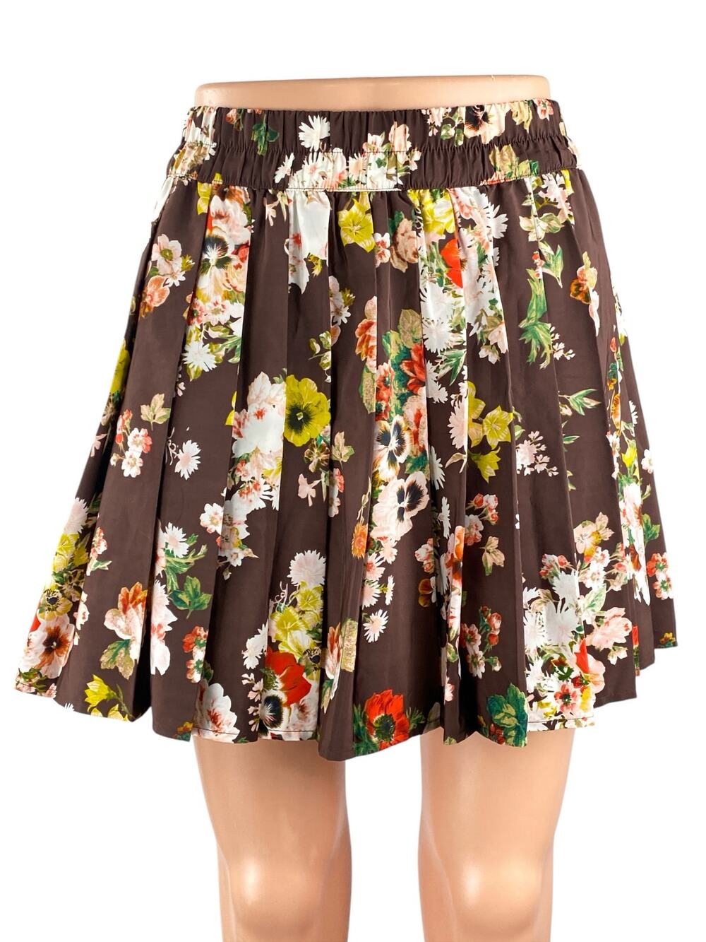 Princess Vera Wang Brown Floral Pull On Pleated Boho A Line Mini Skirt Size M